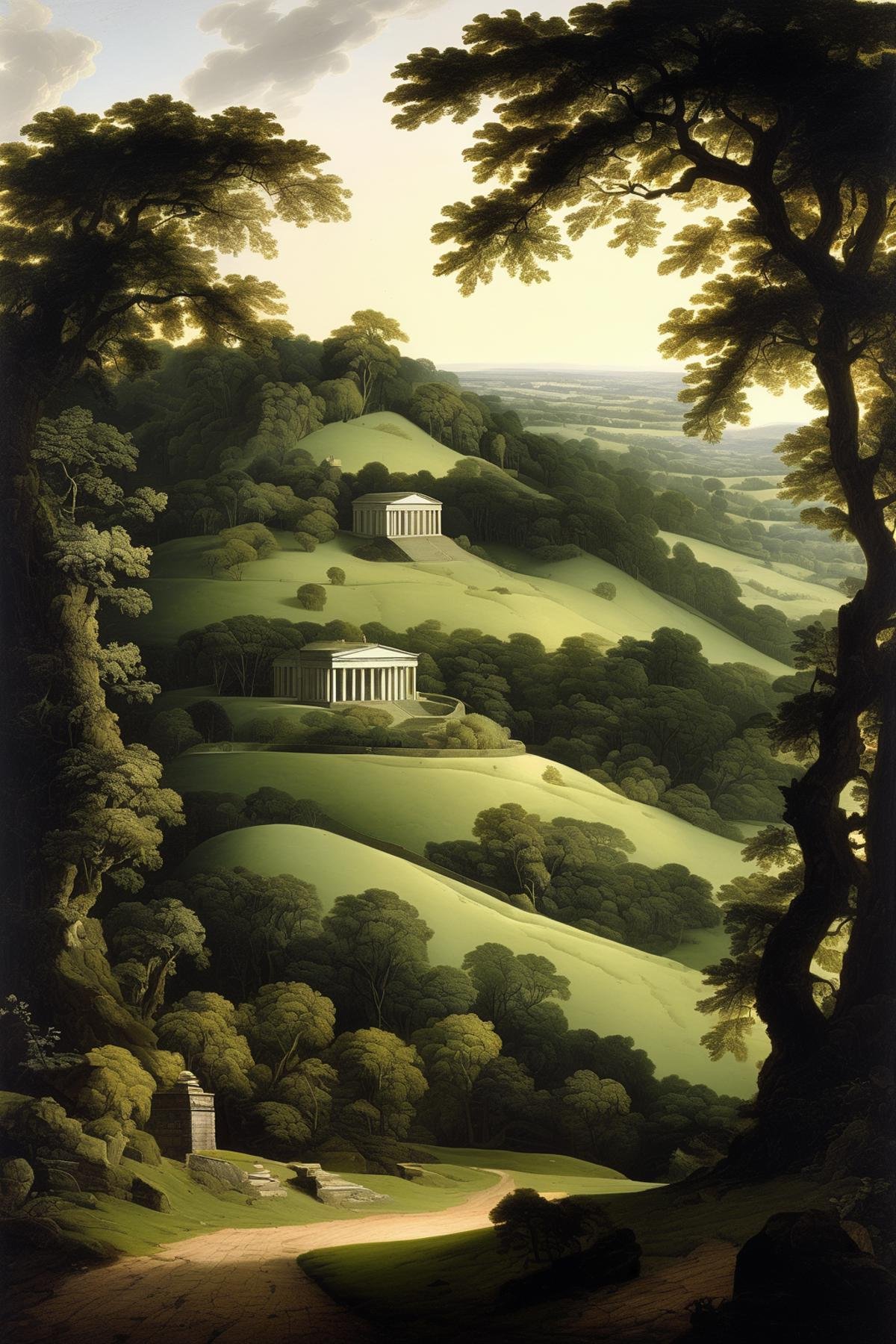 Joseph Wright Of Derby Style - 8k,  rolling green english hills with lush landscape and folly,  dark lush planting on the...