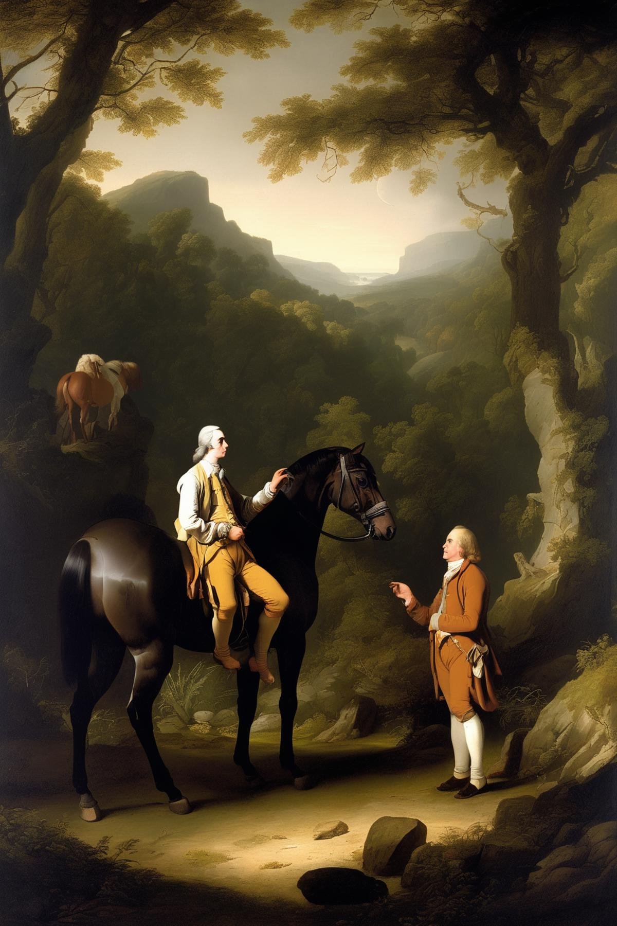 Joseph Wright Of Derby Style - a scene where Gulliver,  a man in the simple clothing of a castaway,  converses with noble...