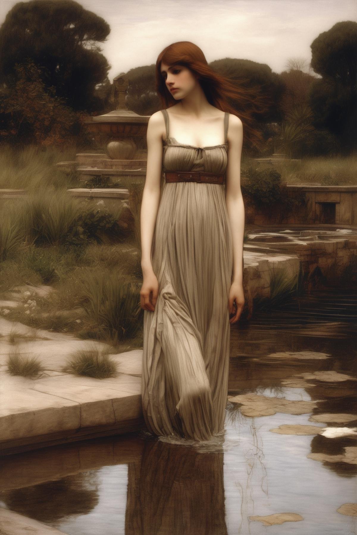 John William Waterhouse Style - a photorealistic image of one waternimhf at the shore of a pool,  John William Waterhouse...