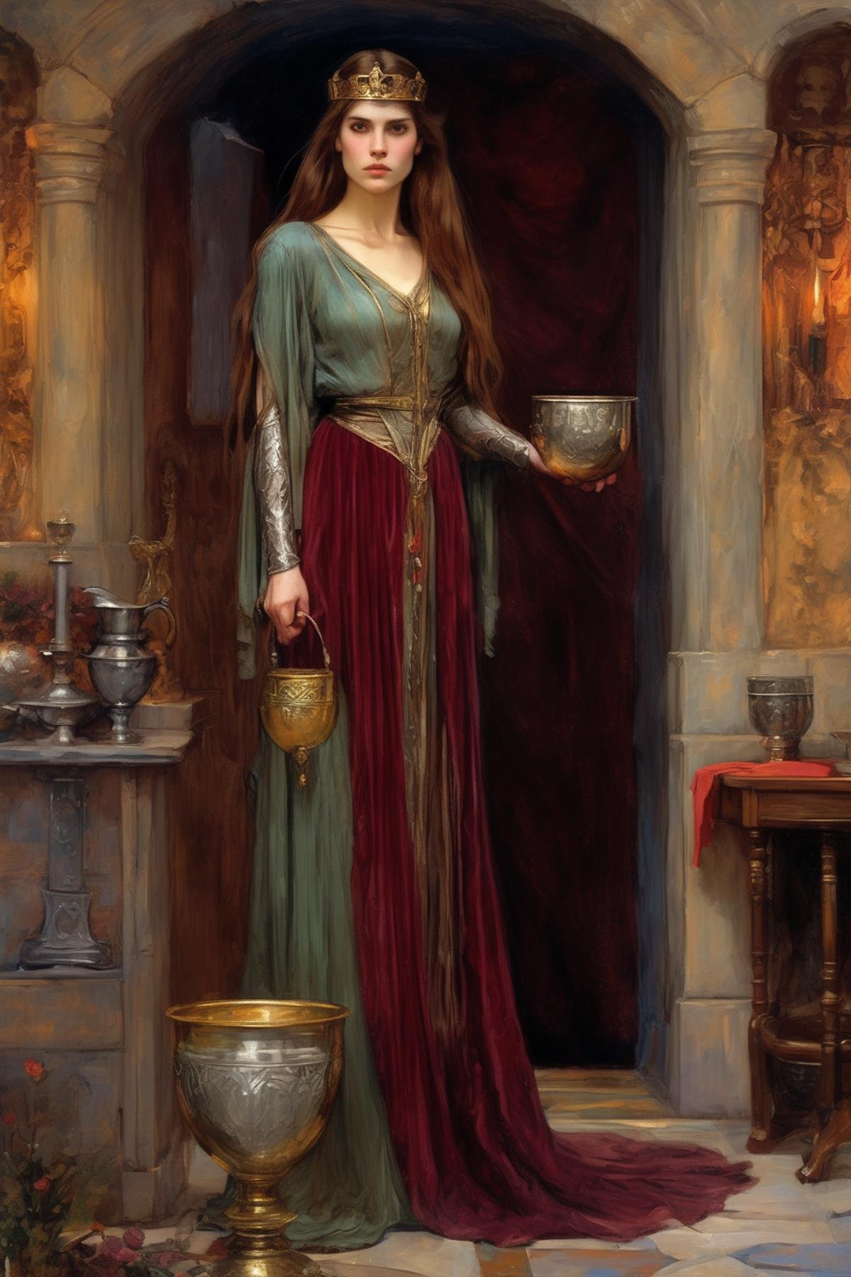 John William Waterhouse Style - character portrait,  queen Guinevere hiding the holy grail behind her back,  gorgeous woma...