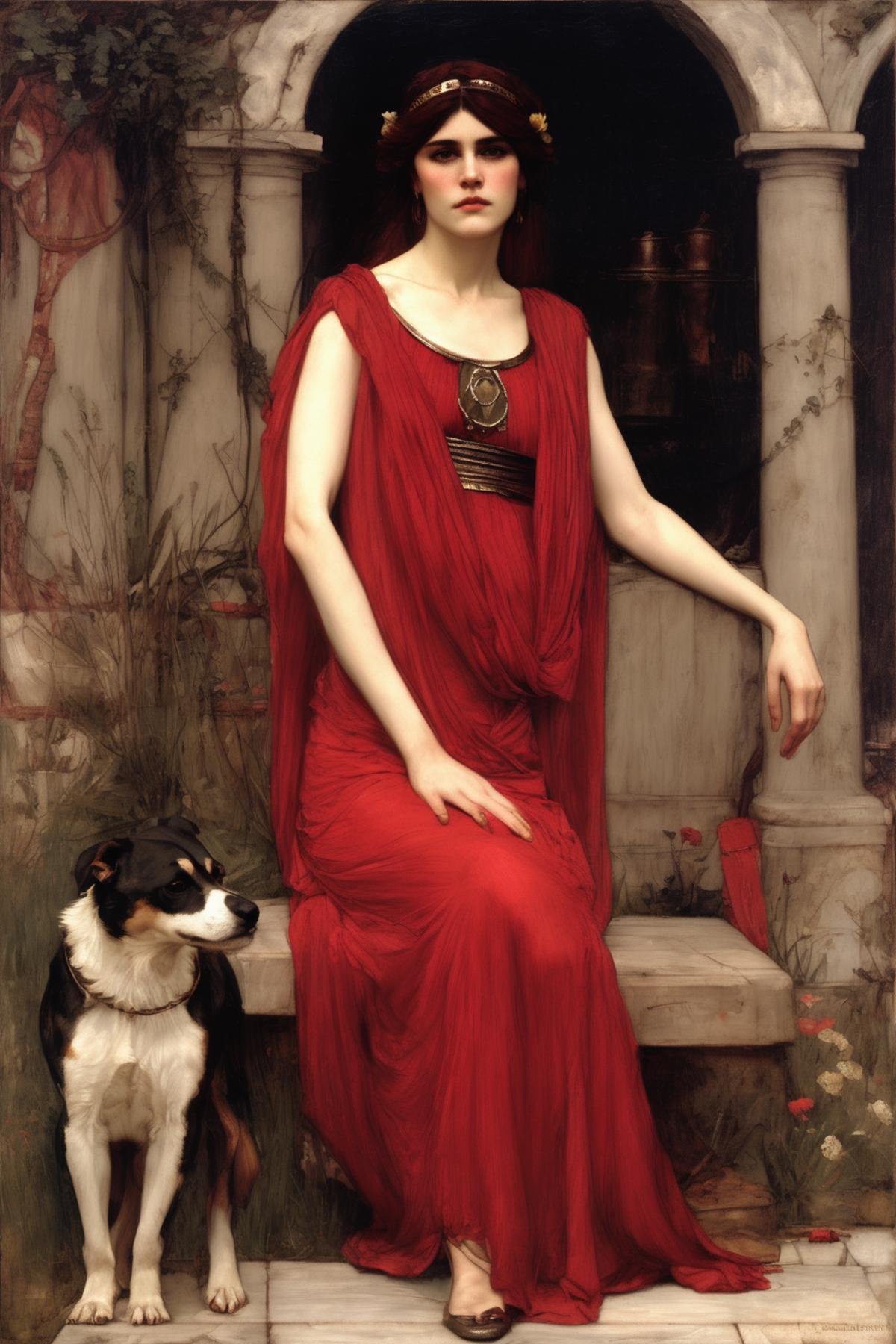 John William Waterhouse Style - A portrait of the priestress Circe wearing a lightweight crimson dress in the style of Joh...