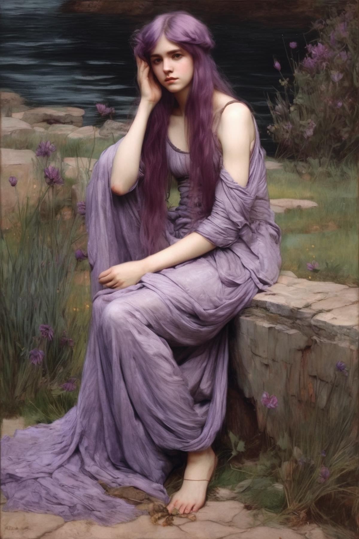 John William Waterhouse Style - full-body portrait of a young woman nymph with pastel violet hair by Kappa_Neuro on Tensor...