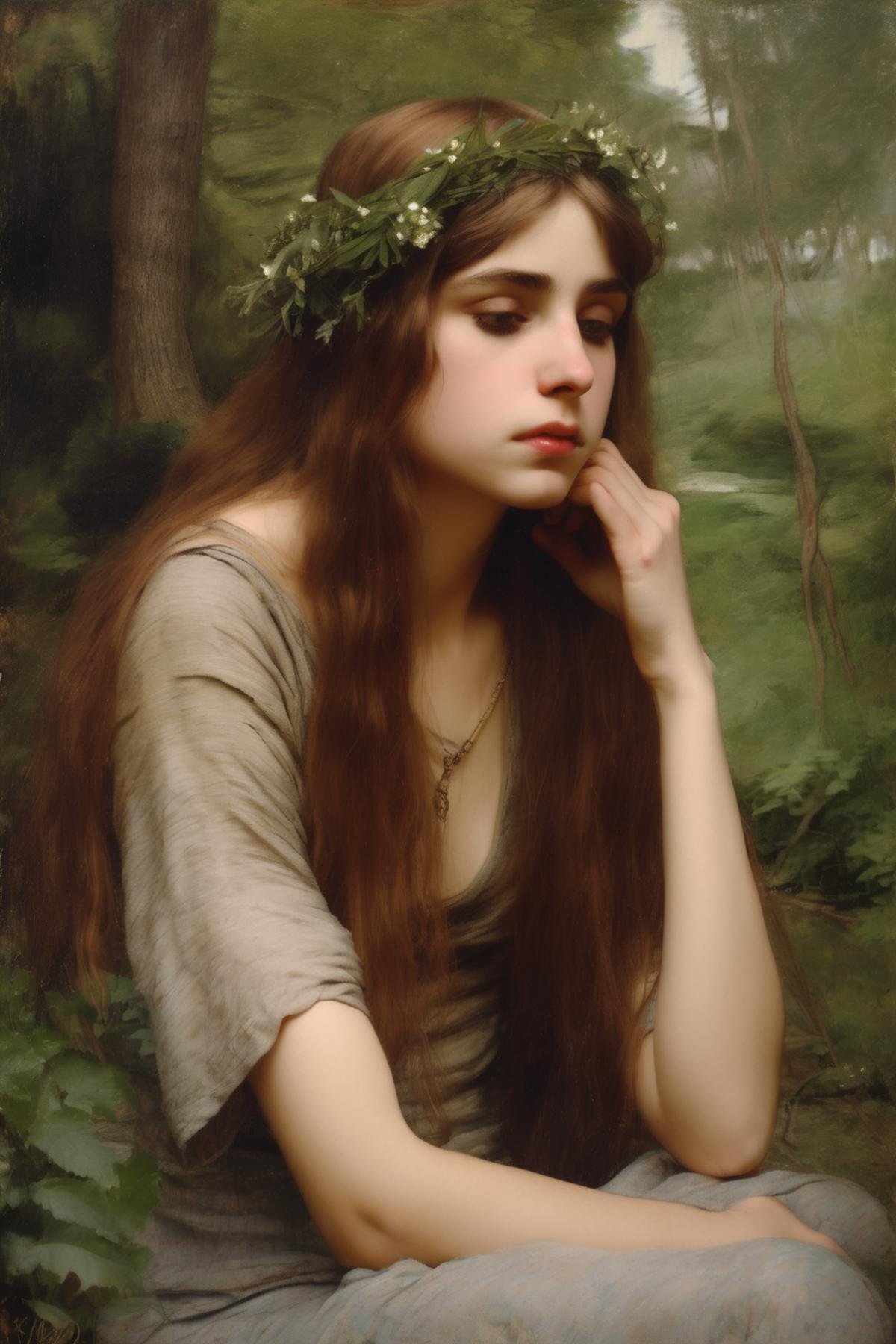 John William Waterhouse Style - reference photo for a dreamy portrait of a shy hamadryad by Kappa_Neuro on Tensor.Art