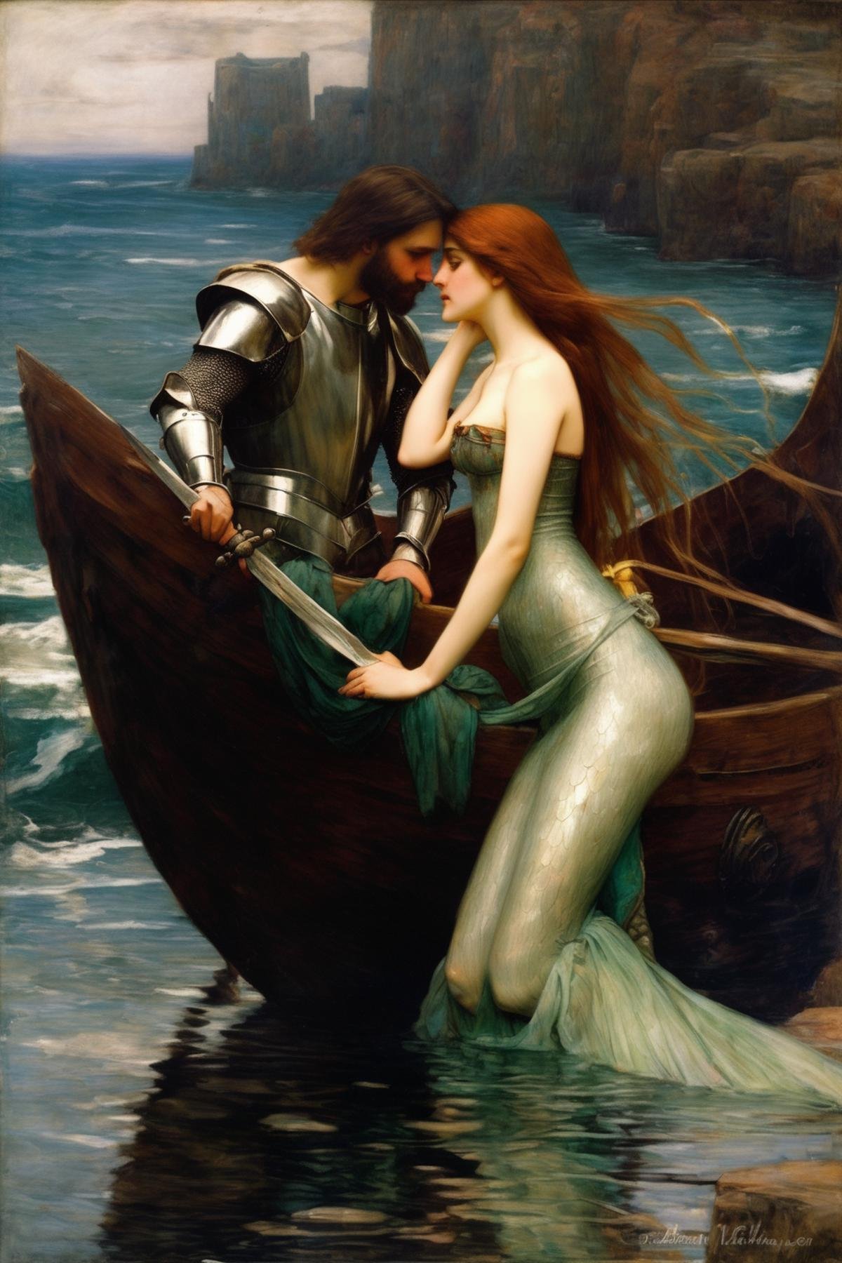 John William Waterhouse Style - a beautiful mermaid in love with a Knight,  an oil painting by Kappa_Neuro on Tensor.Art