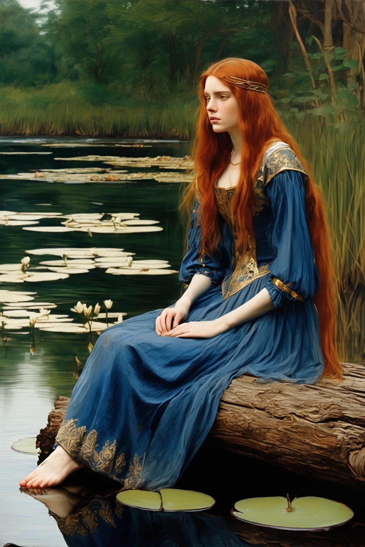 John William Waterhouse Style - a young woman with long red hair,  wearing a blue medieval dress with gold embroidery trim...