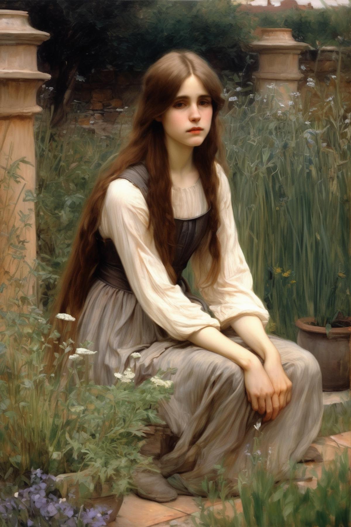 John William Waterhouse Style - john william waterhouse style,  light brown hair,  young woman kneeling in herb garden by...