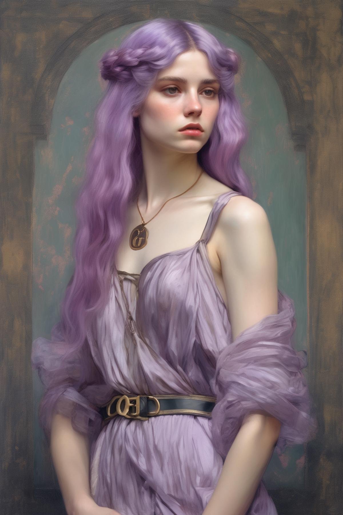 John William Waterhouse Style - full-body portrait of a young woman nymph wearing gucci high fashion clothes with pastel v...