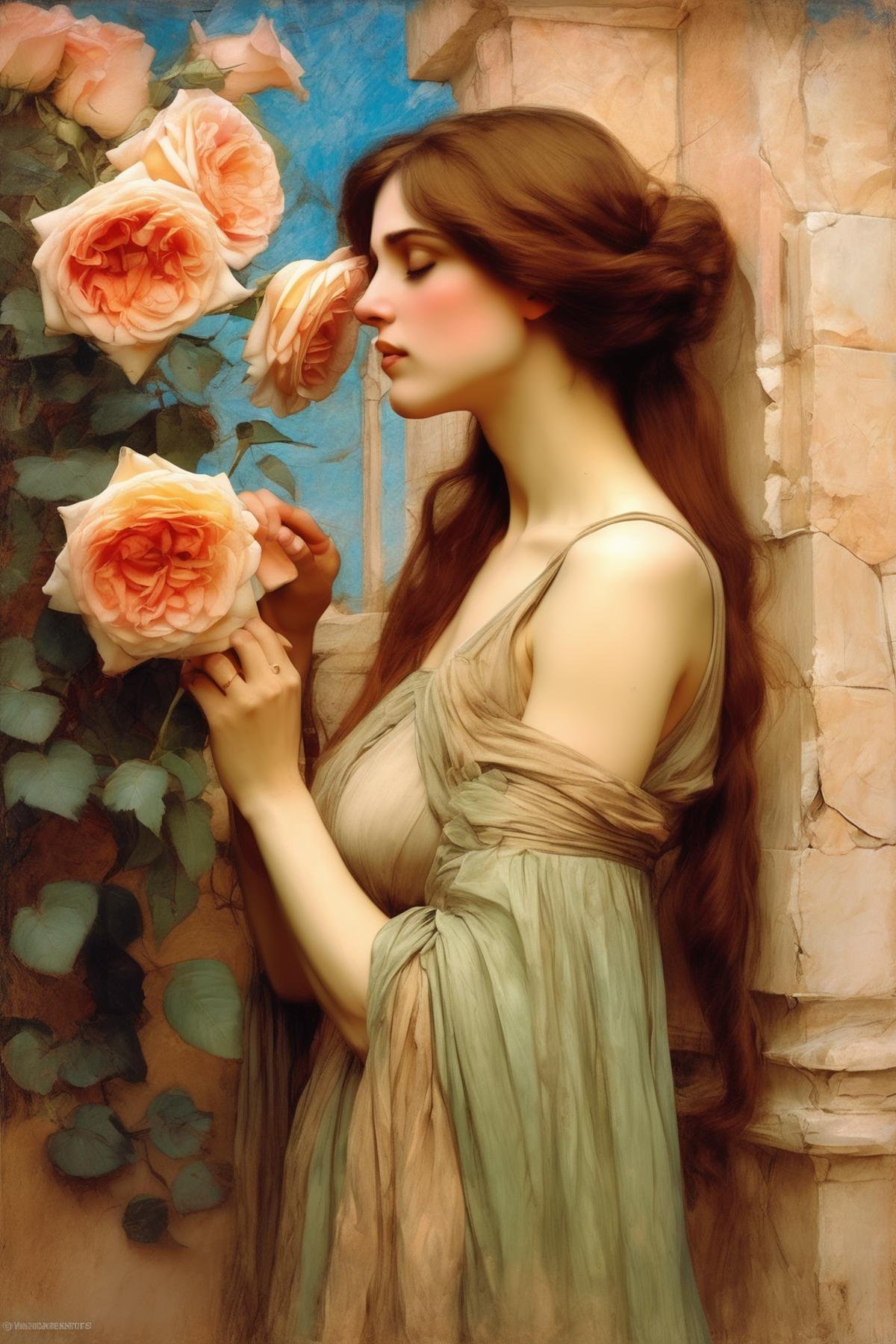 John William Waterhouse Style - a beautiful woman smelling roses by the stucco wall,  in the style of luminism and John Wi...