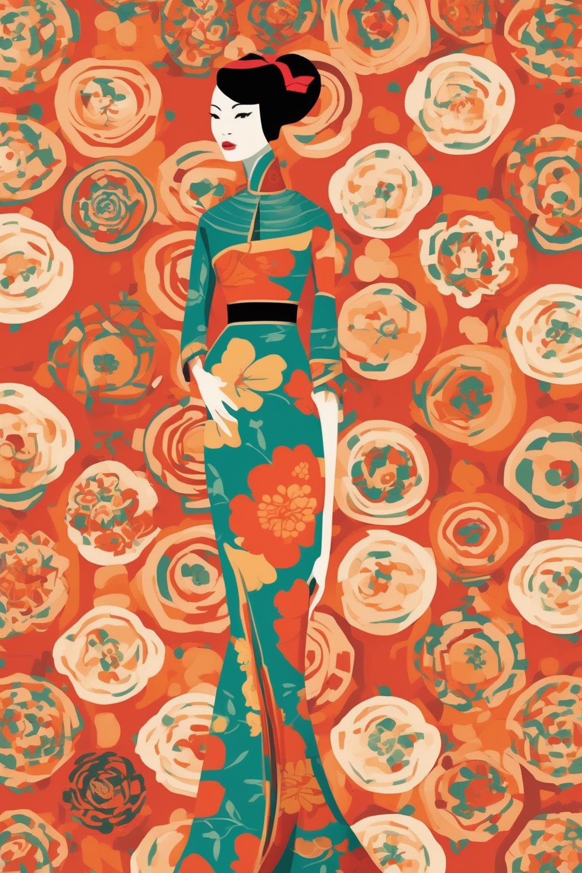 Josh Agle Style - hip 1960s slender Chinese woman in a beautiful dress. Patterns. In the style of Josh Agle. by Kappa_Neur...
