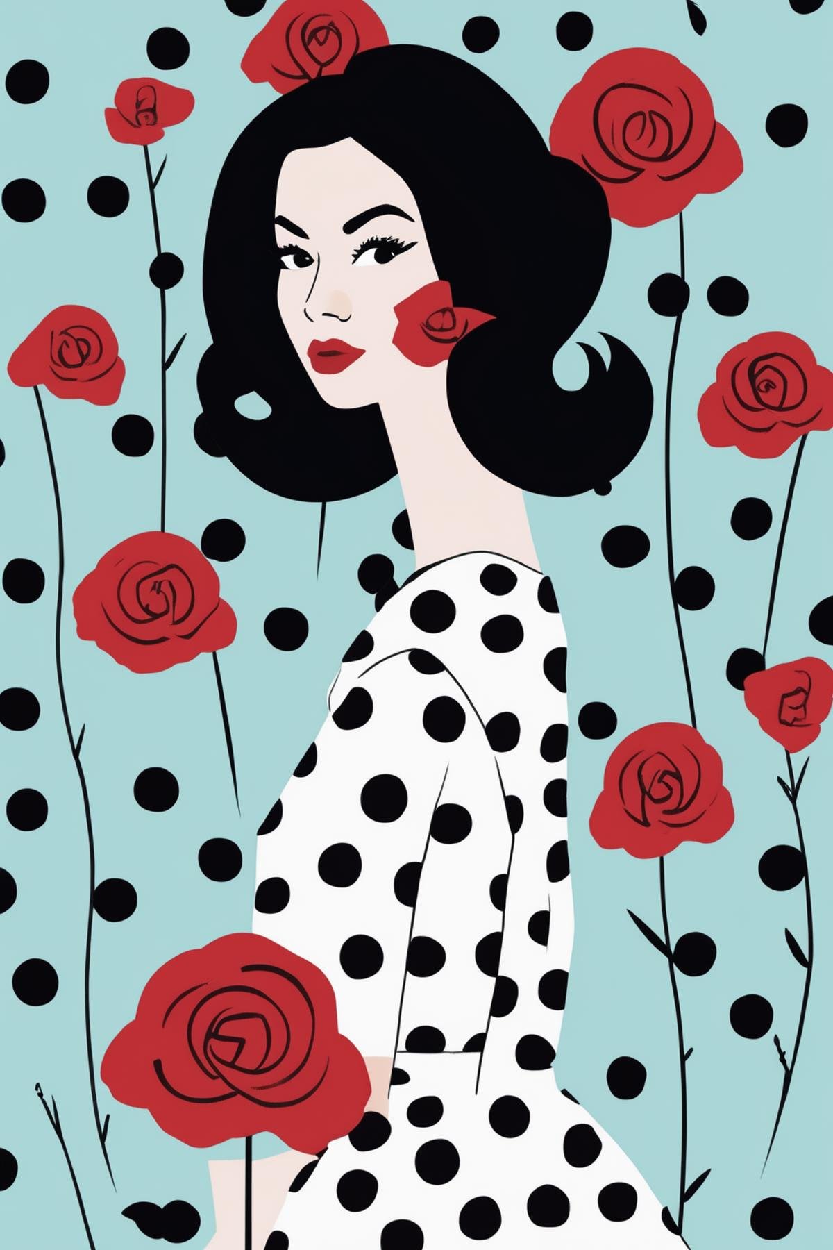 Josh Agle Style - a flat illustration of a woman with a tall beehive hairstyle,  black hair,  wearing bold black and white...