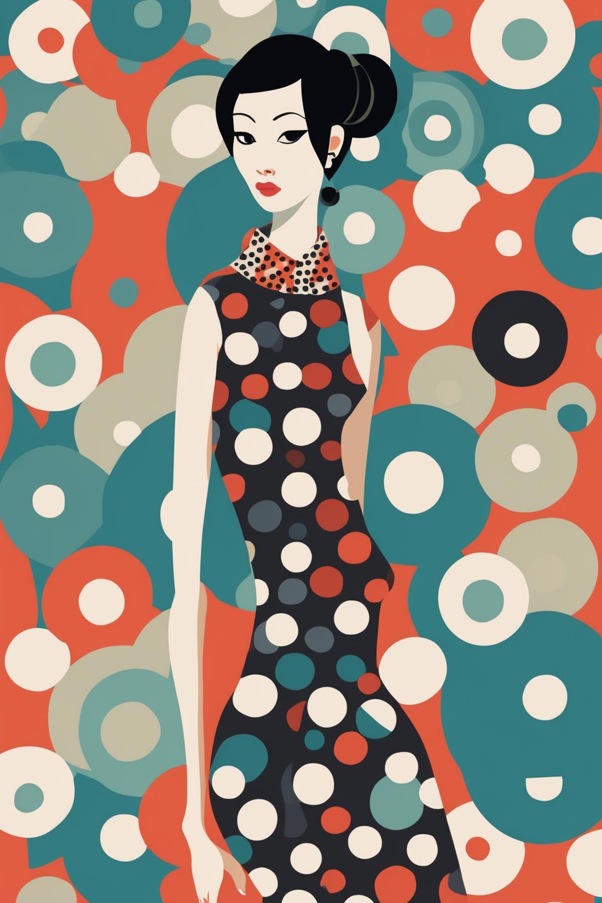 Josh Agle Style - hip 1960s slender Chinese woman in a polka dot dress. Patterns. In the style of Josh Agle. by Kappa_Neur...
