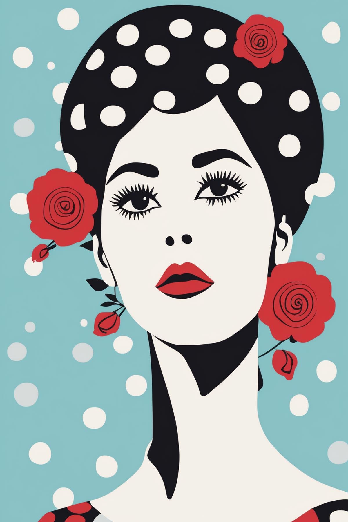 Josh Agle Style - a flat illustration of a woman with a tall beehive hairstyle,  black hair,  wearing a bold black and whi...