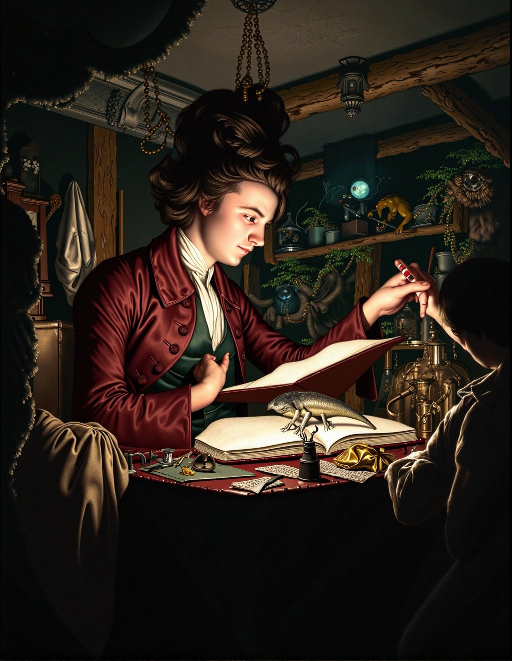 Joseph Wright Of Derby Style,  Newt Scamander examines a rare magical creature inside his enchanted suitcase. A single mag...