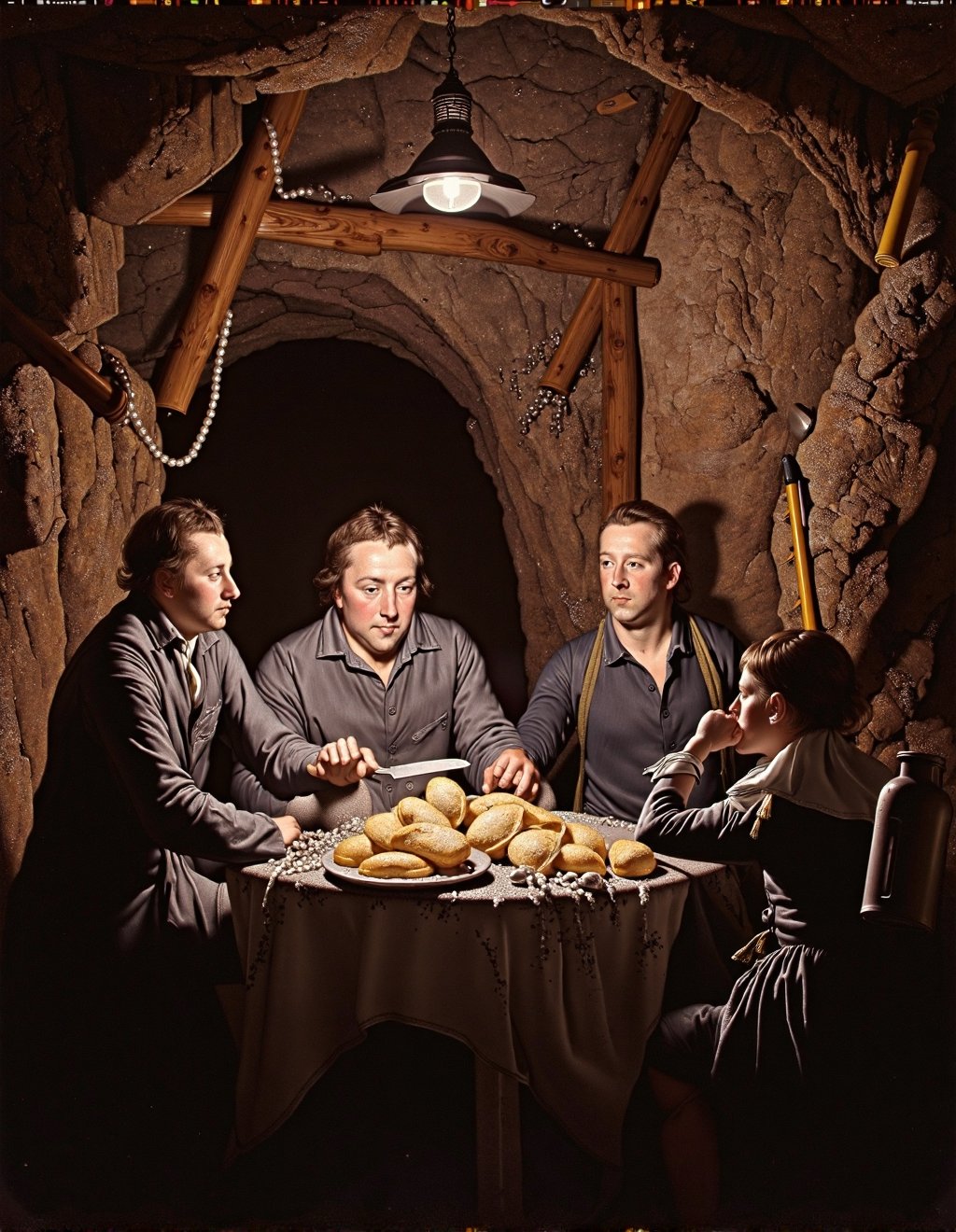 Joseph Wright Of Derby Style,  Miners break for a meal deep underground in a coal seam. Their faces,  smudged with coal du...