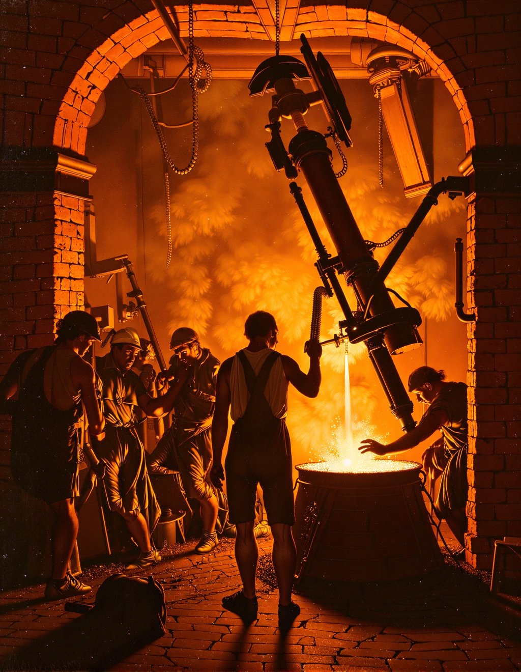 Joseph Wright Of Derby Style,  Iron workers operate a massive steam hammer in a foundry. Molten metal pours from a crucibl...