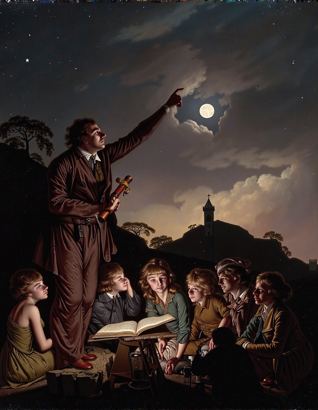 Joseph Wright Of Derby Style,  A traveling astronomer presents a lunar eclipse viewing to villagers gathered on a hillside...