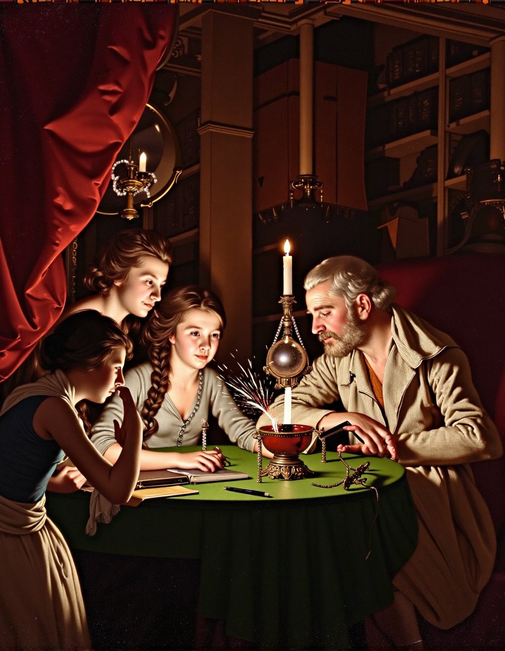 Joseph Wright Of Derby Style,  A candlelit gathering witnesses electricity demonstrated through a charged amber rod. The s...