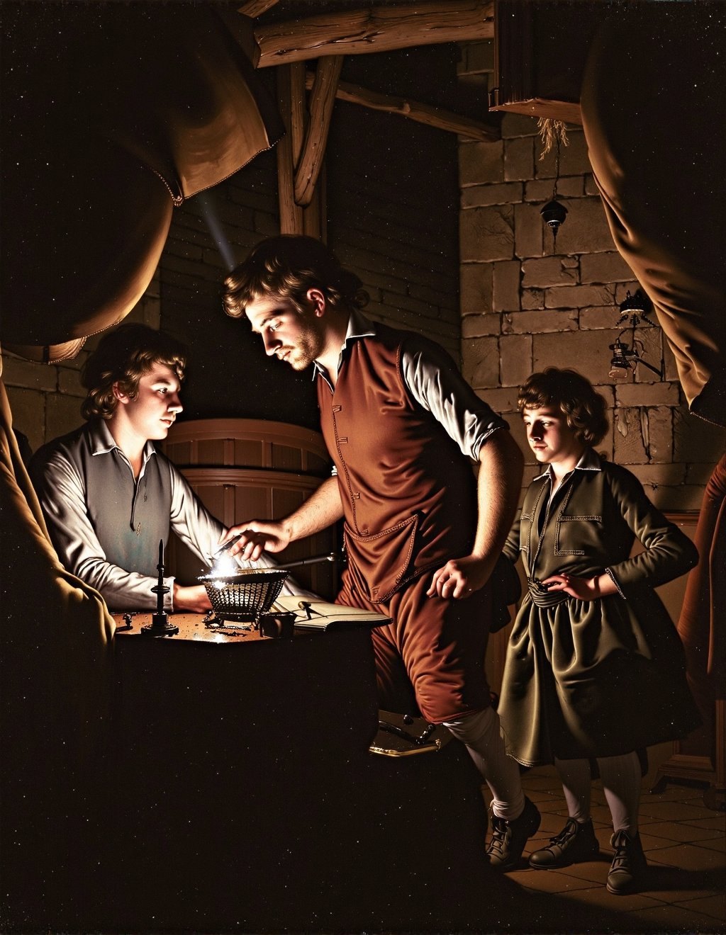 Joseph Wright Of Derby Style,  A gunpowder maker tests a new mixture in his workshop at night. The spark from his demonstr...