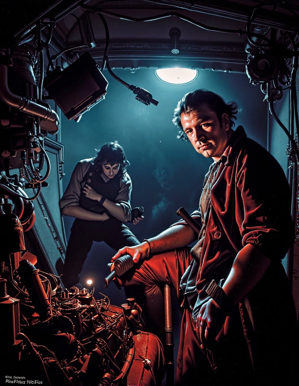 Joseph Wright Of Derby Style,  Malcolm Reynolds repairs Serenity's engine room after battle damage. The malfunctioning dri...