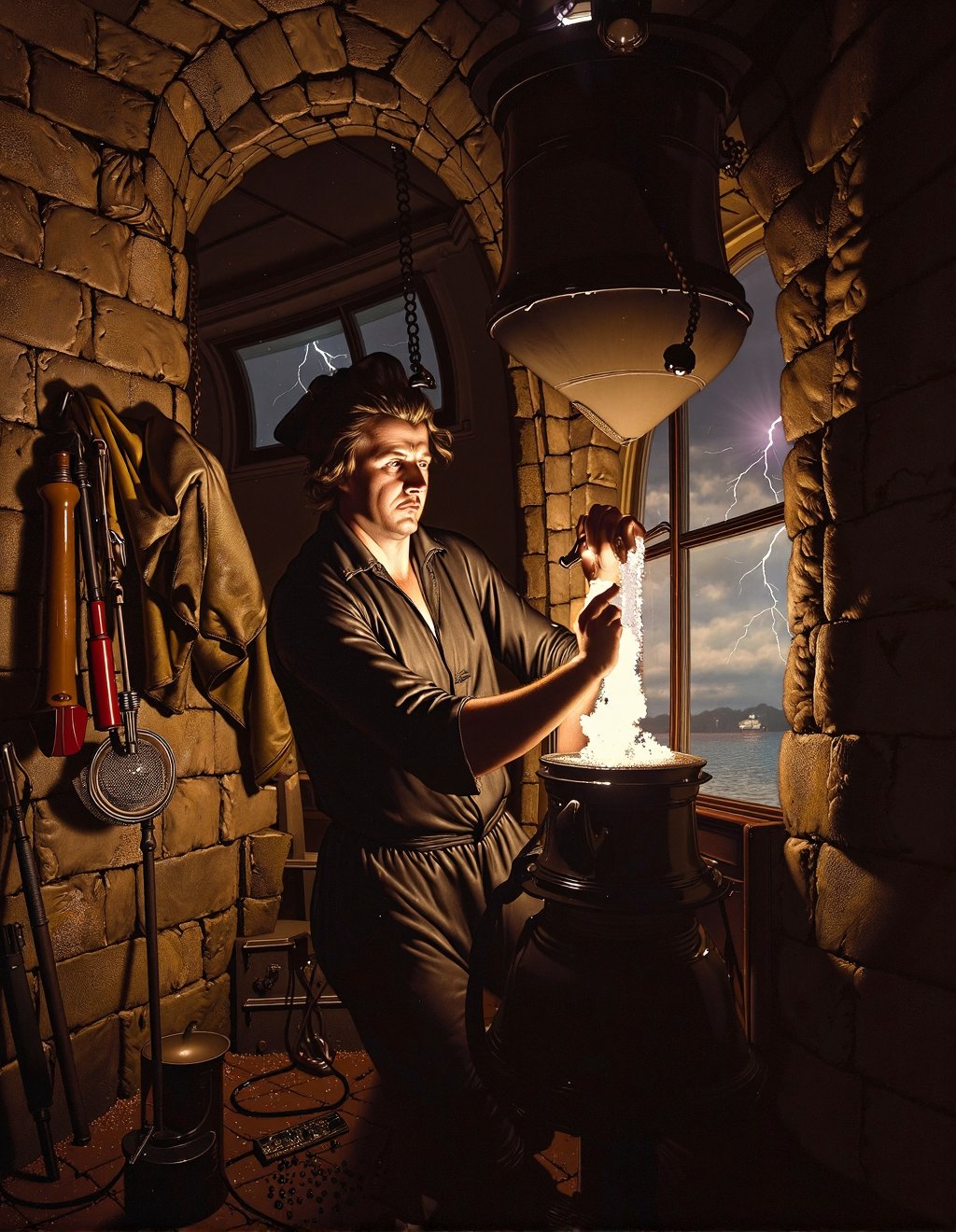 Joseph Wright Of Derby Style,  A lighthouse keeper maintains the critical flame during a violent storm. His weathered face...