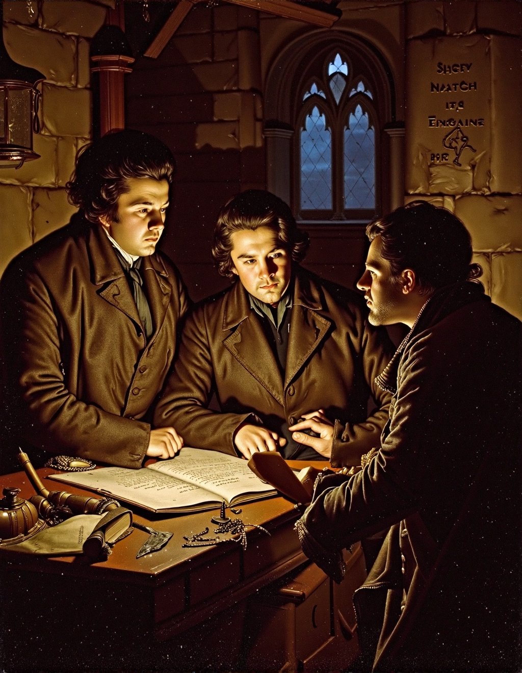 Joseph Wright Of Derby Style,  Jon Snow and Samwell Tarly study ancient texts in the Castle Black library. A single oil la...