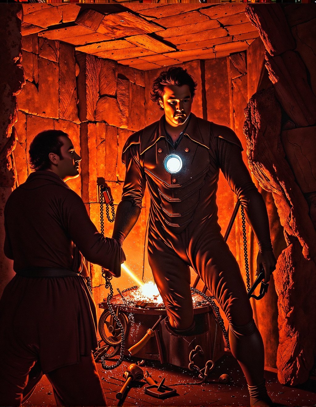 Joseph Wright Of Derby Style,  Tony Stark forges the first Iron Man suit in the Afghan cave. The makeshift furnace casts i...