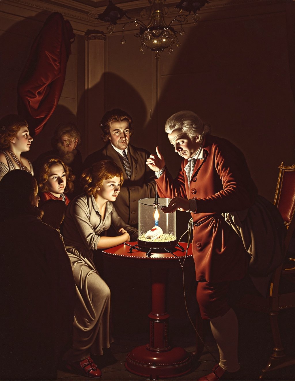 Joseph Wright Of Derby Style,  A natural philosopher demonstrates an air pump experiment to an assembled group in a grand...