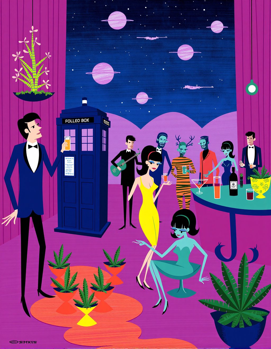 Josh Agle (SHAG) Style,  Doctor Who and companions attend a retro space-age cocktail party on an alien space station. The...
