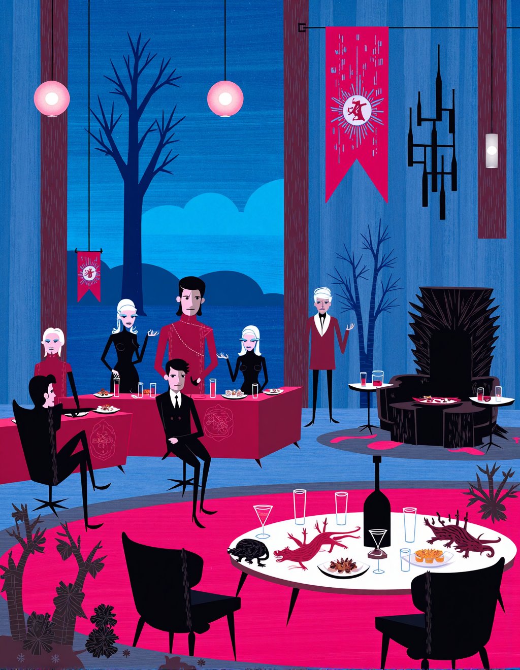 Josh Agle (SHAG) Style,  The characters from Game of Thrones attend a mid-century modern feast at Winterfell where Tyrion...