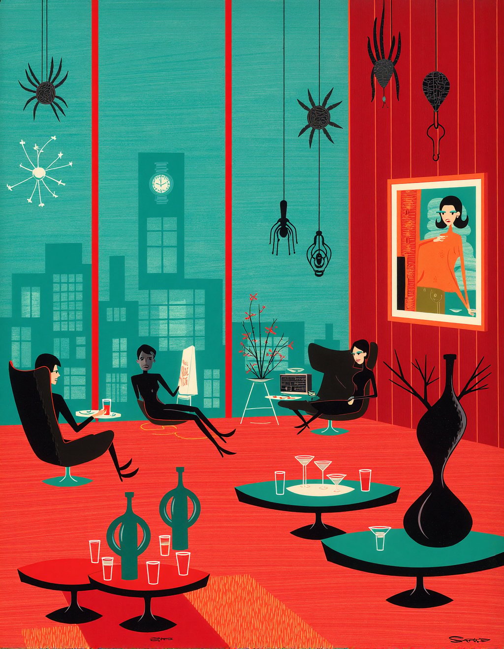 Josh Agle (SHAG) Style,  A mod apartment where an artist in a black turtleneck paints an abstract canvas while his cat-eye...