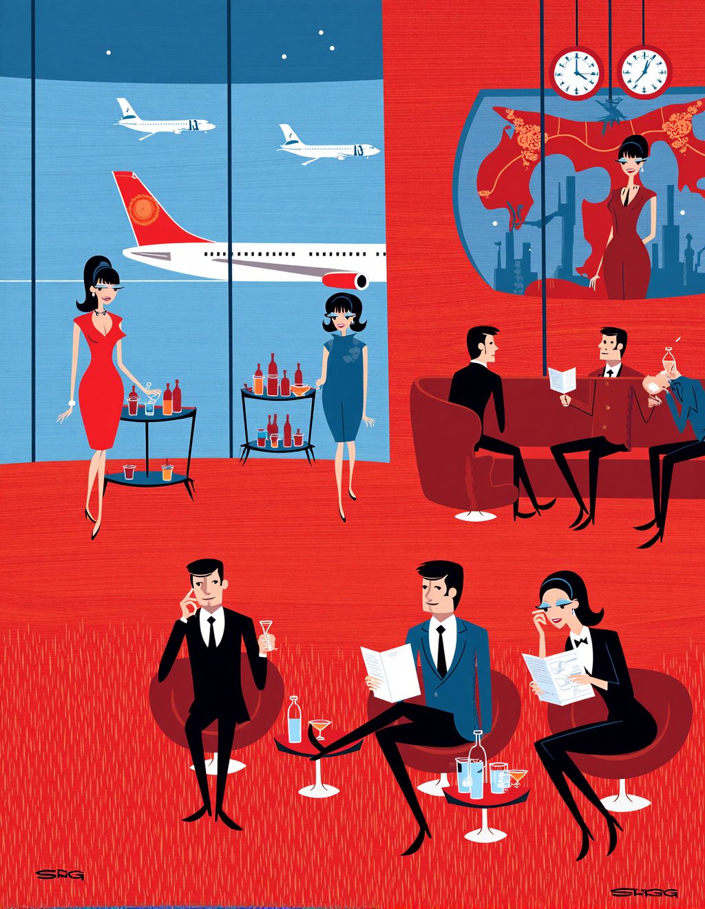 Josh Agle (SHAG) Style,  A mod airport lounge where jetsetters in sharp suits and shift dresses wait for international fli...