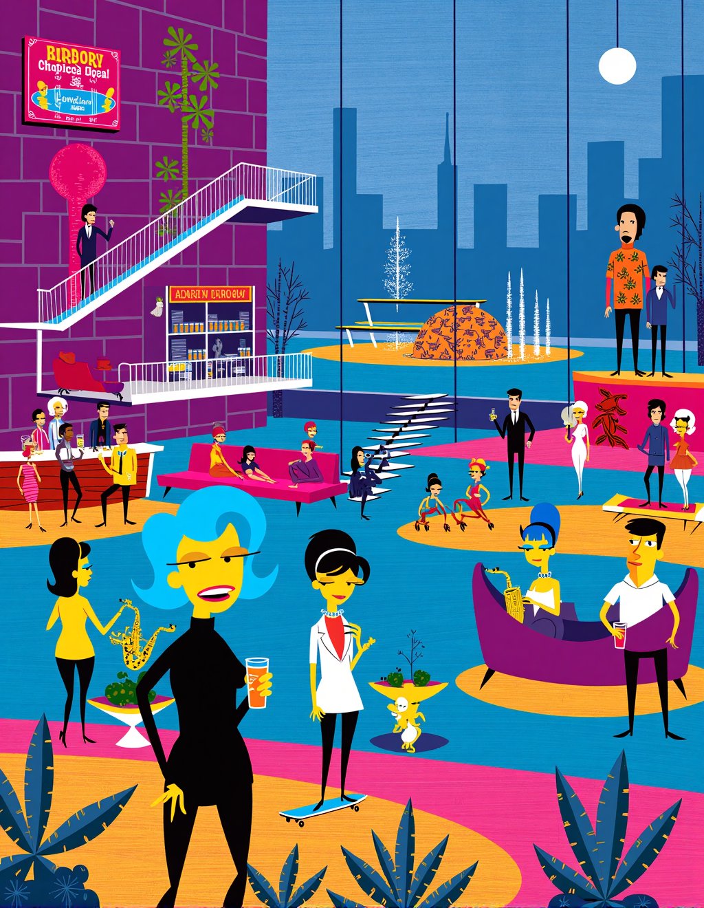 Josh Agle (SHAG) Style,  The Simpsons family visits a mid-century modern shopping mall where Homer in a slim-fit bowling s...