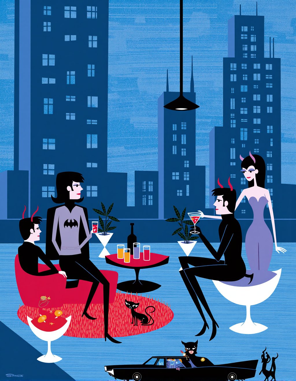 Josh Agle (SHAG) Style,  Batman and Catwoman engage in a rooftop cocktail standoff against a backdrop of Gotham City's geo...