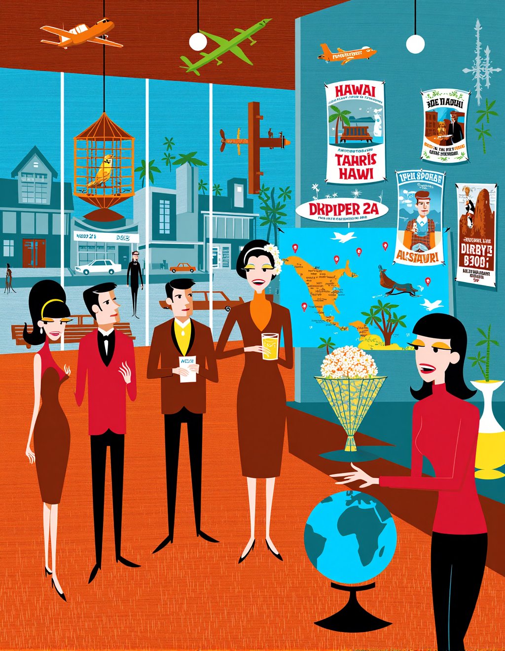 Josh Agle (SHAG) Style,  A retro travel agency where slim patrons in mid-century attire browse brochures for exotic destin...
