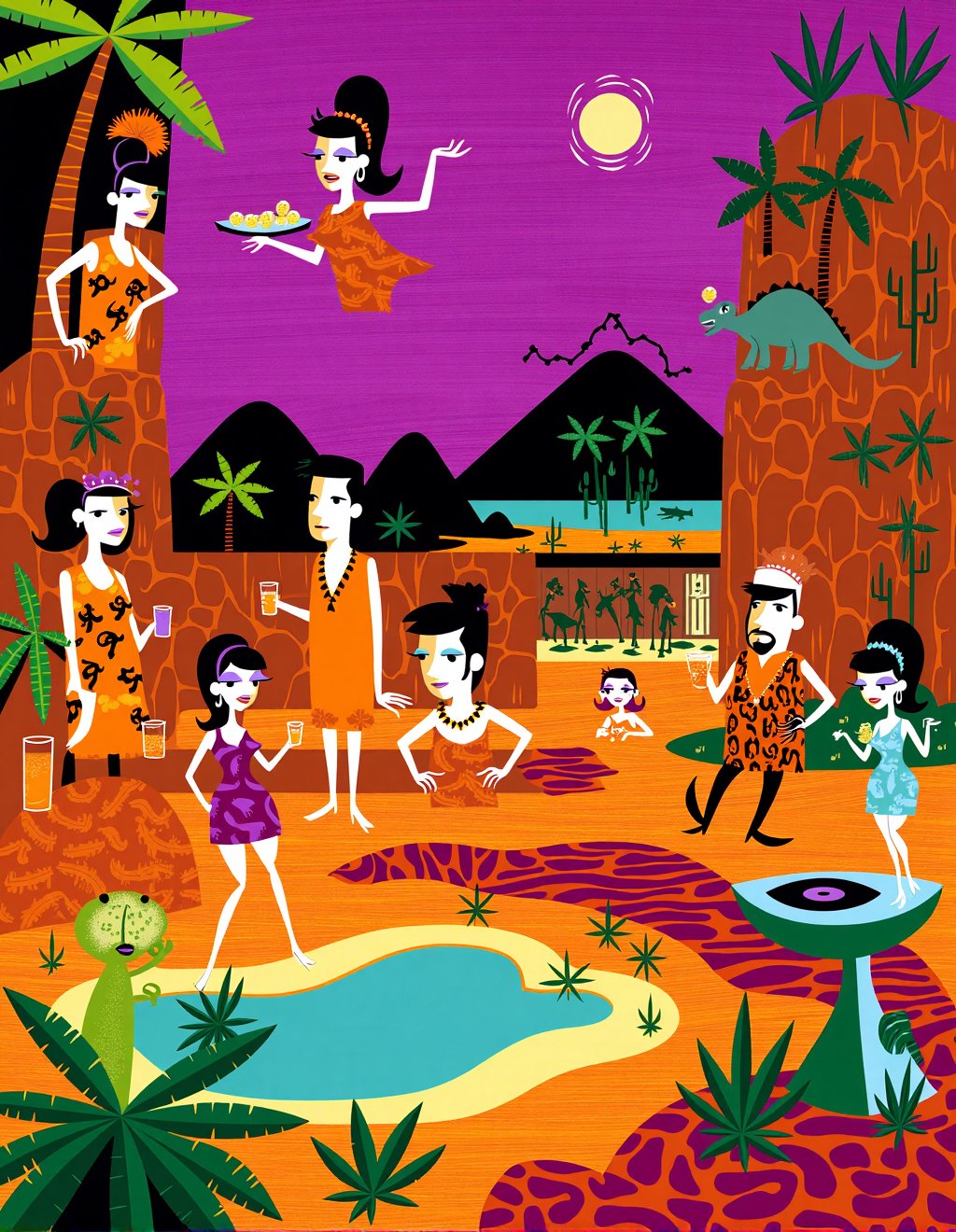 Josh Agle (SHAG) Style,  The Flintstones attend a prehistoric tiki party where Fred in a geometric orange tunic mixes ston...