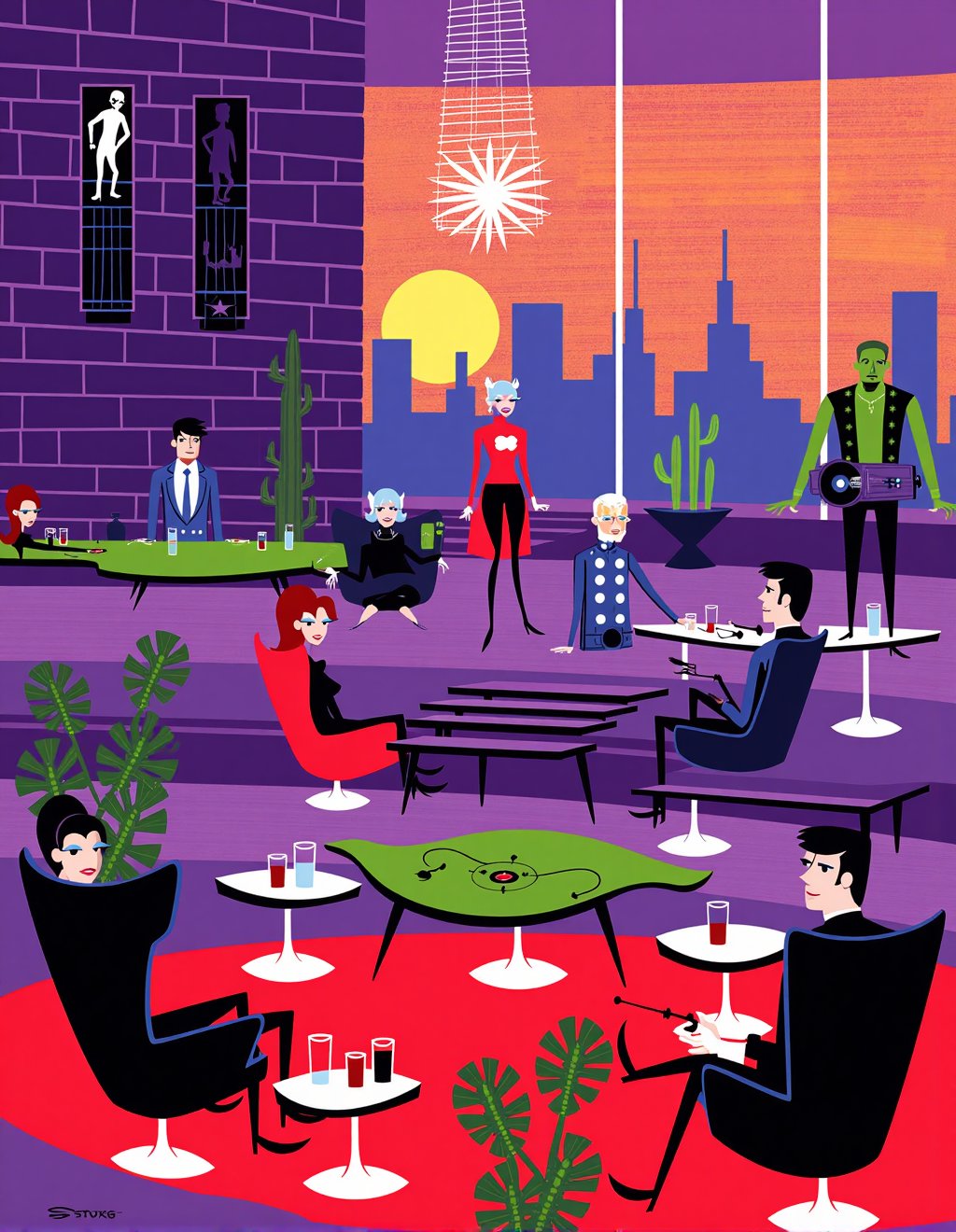 Josh Agle (SHAG) Style,  The Avengers relax between missions at Stark Tower's mid-century modern lounge where Tony Stark i...