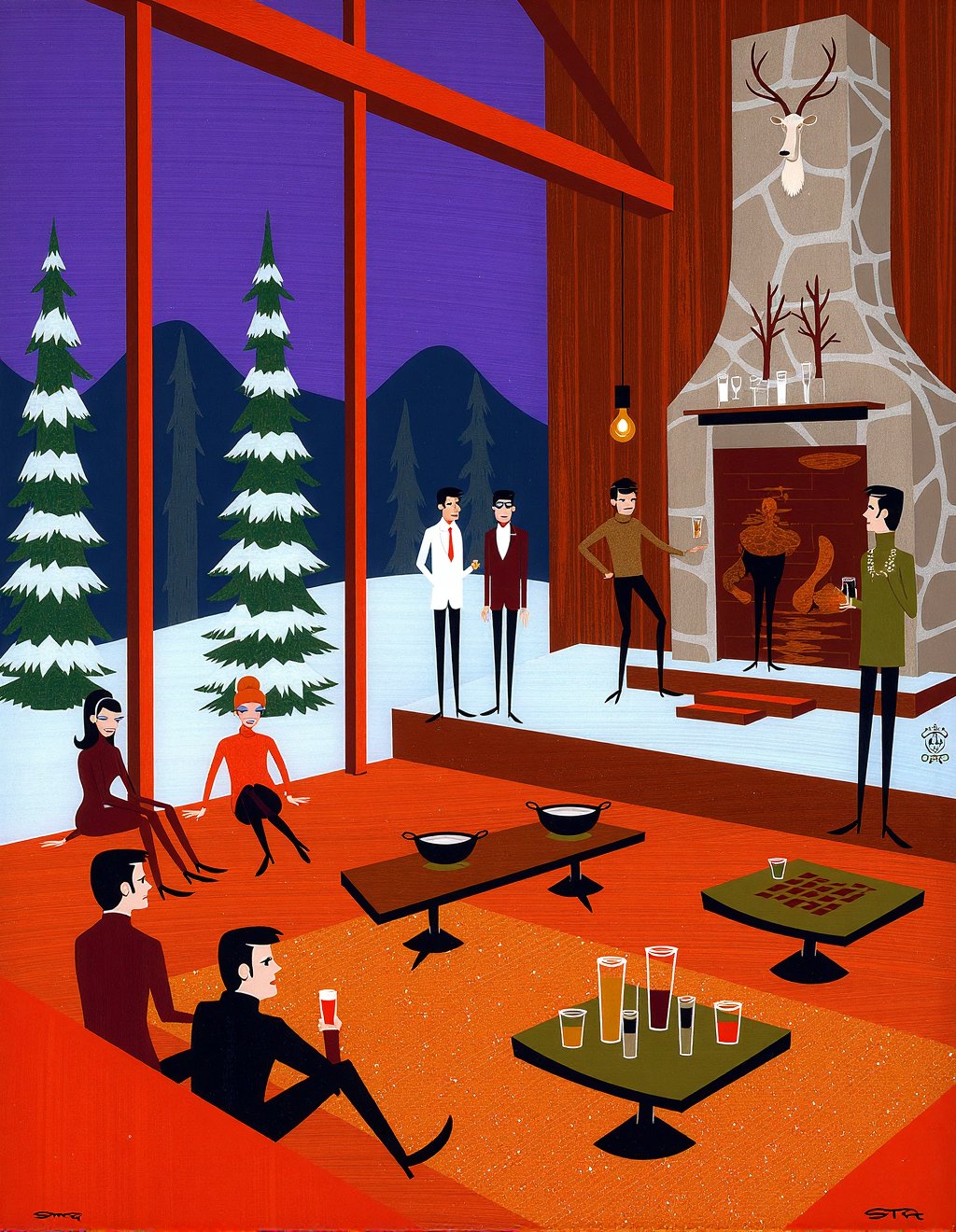 Josh Agle (SHAG) Style,  A mod ski lodge with angular stone fireplace and exposed wooden beams where fashionable vacatione...