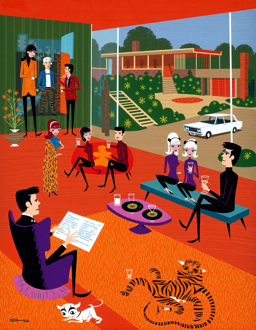 Josh Agle (SHAG) Style,  The Brady Bunch gathers in their mid-century modern living room where Mike in a slim-cut architec...