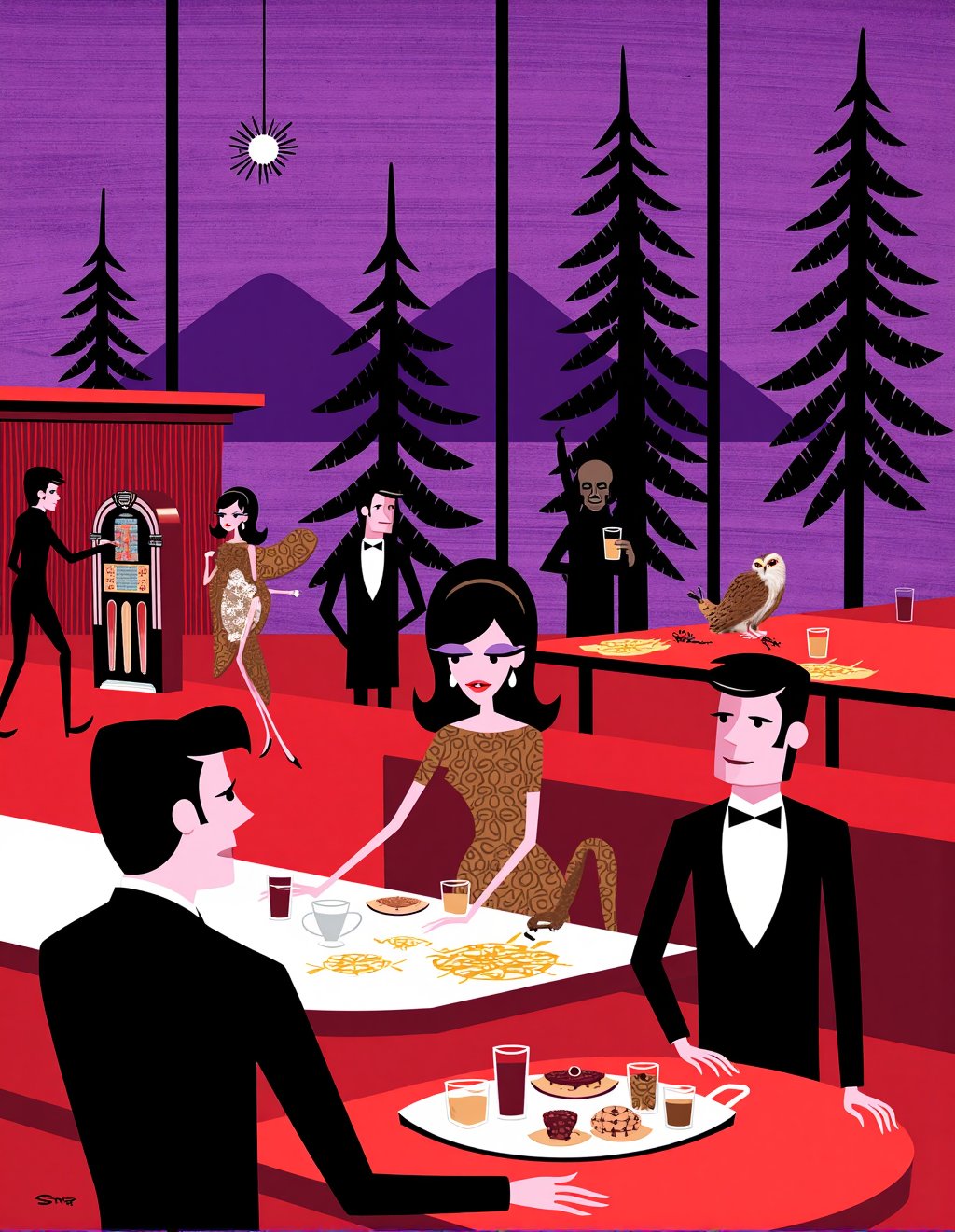 Josh Agle (SHAG) Style,  The characters from Twin Peaks gather at the Double R Diner reimagined with mid-century modern st...