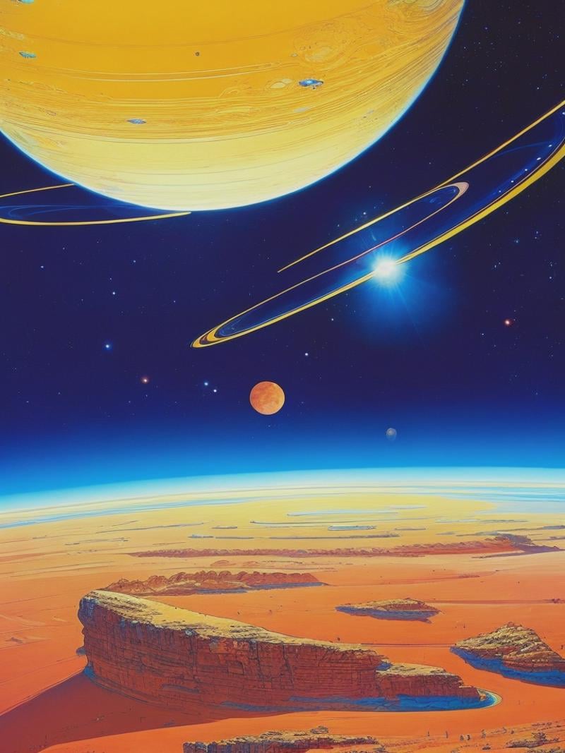 in style of Jean Giraud,  moebius art,  earth in its orbit in solar system by Kappa_Neuro on Tensor.Art