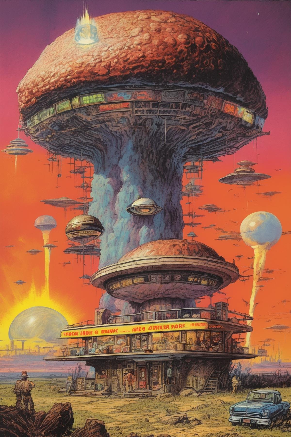 Josh Kirby Style - a burger house towering on a mystical planet with a postapocalytic,  neon aesthetic,  with atomic mushr...