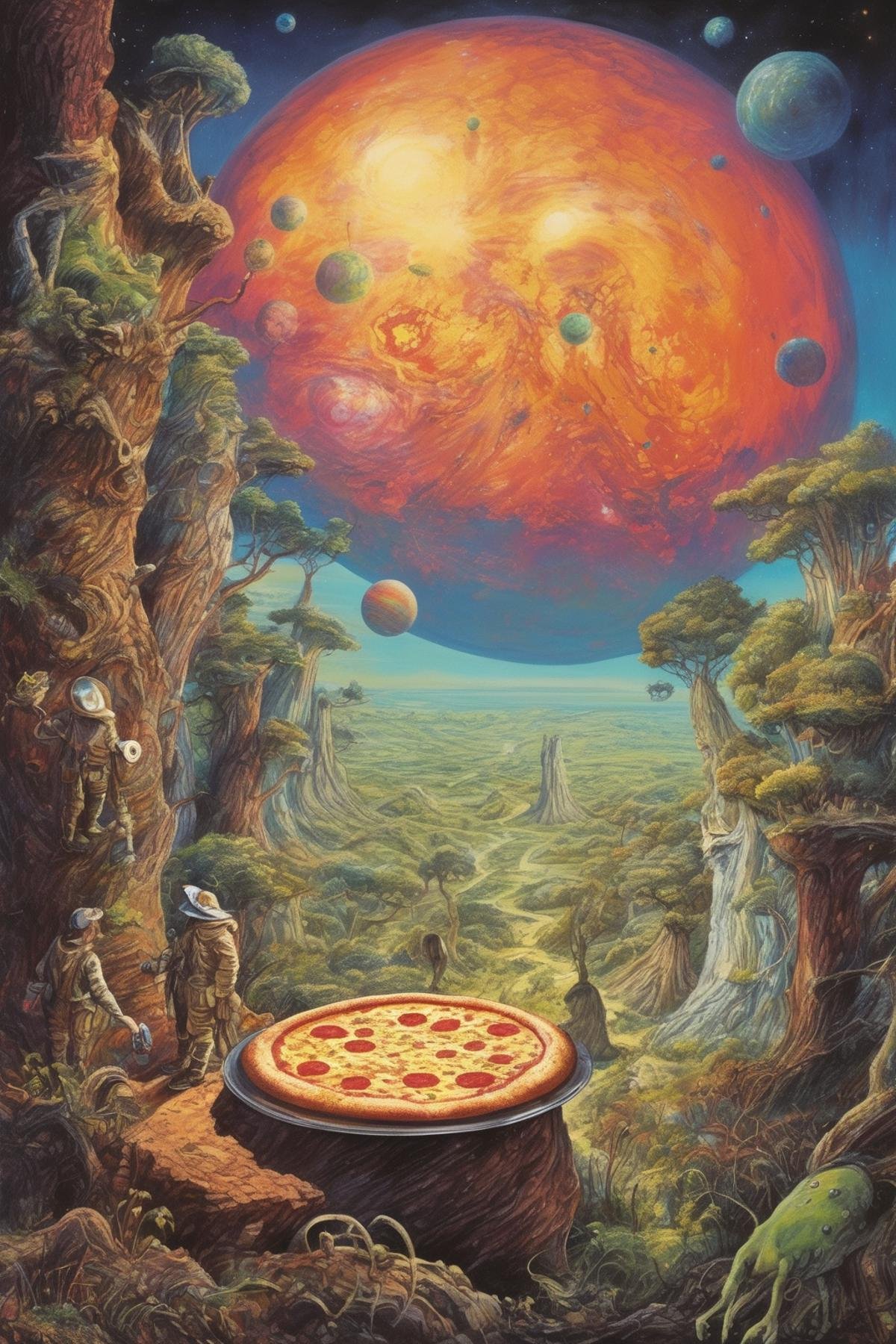 Josh Kirby Style - explorers,  looking at a new and mysterious planet. Vibrant with colour and life. Gherkins and pizza. A...
