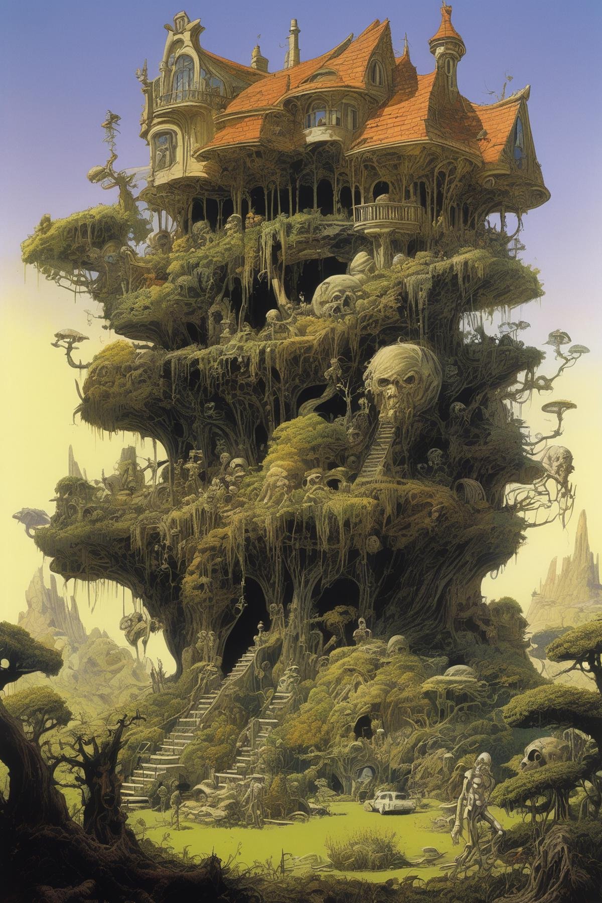 Josh Kirby Style - realm of a mad god,  and a futuristic house with a yard full of plants and trees,  and zombies by Roger...