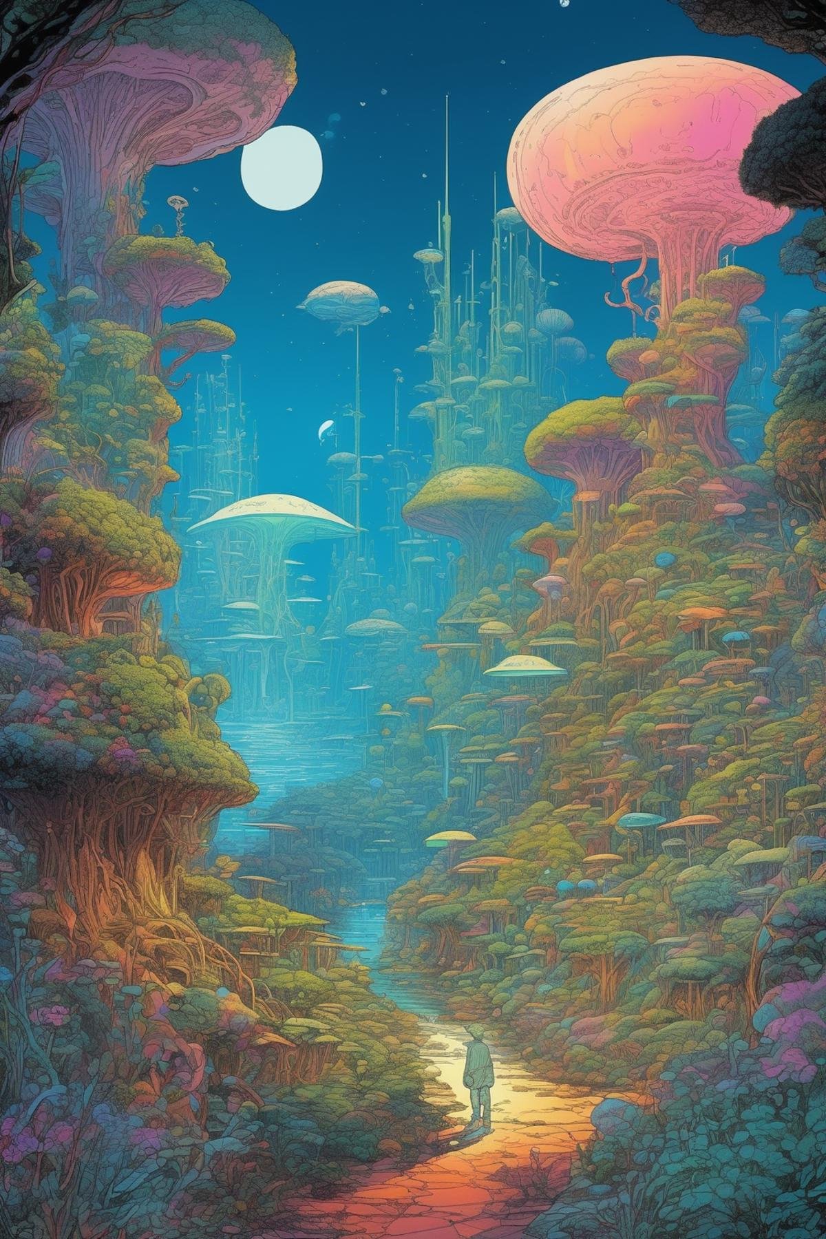 Josh Kirby Style - A vast utopian fantasy garden full of growing bioluminescent plants and tech structures with a warm and...