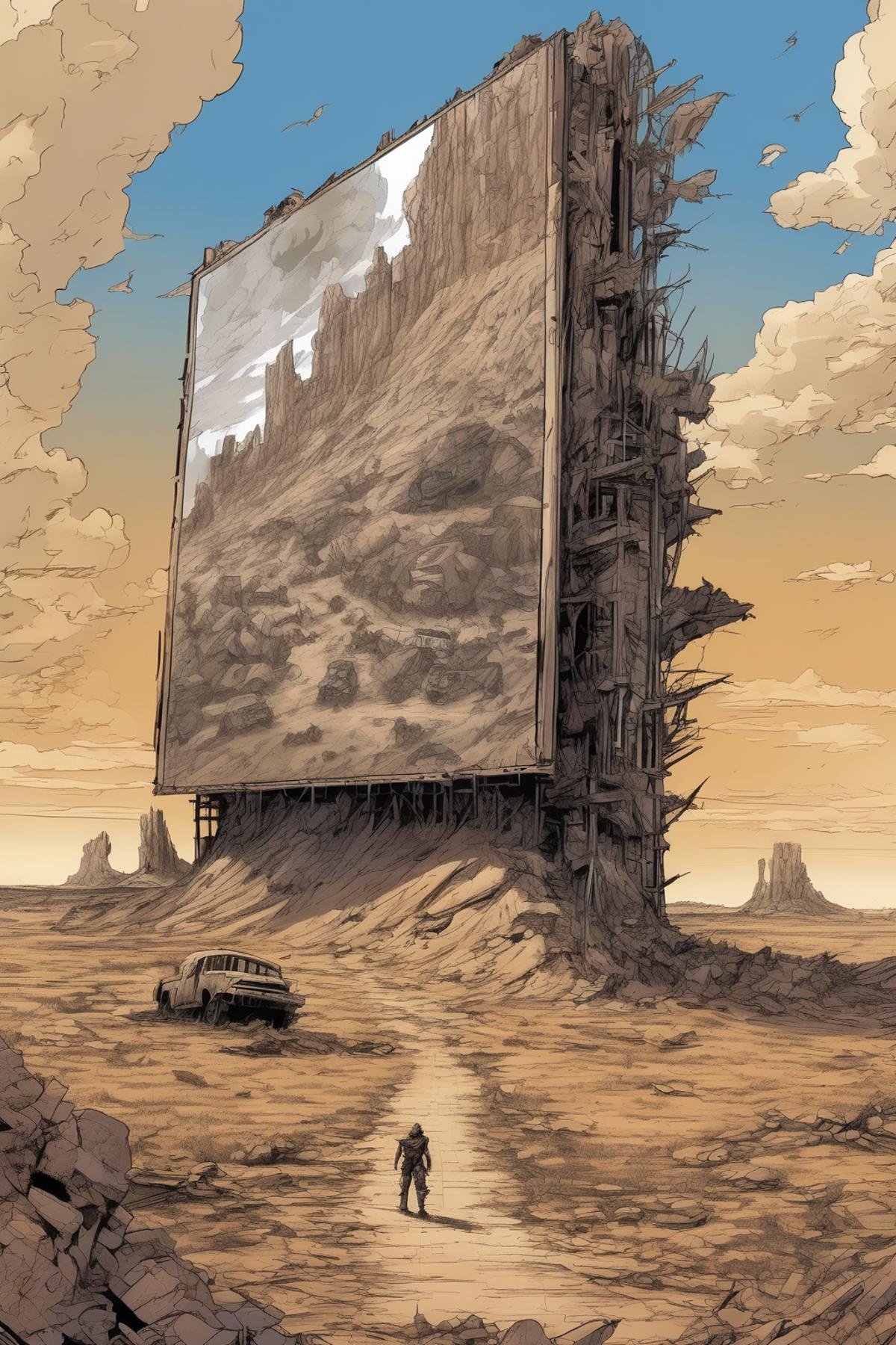 Josh Kirby Style - a giant billboard in the middle of the badlands,  positioned straight towards the camera,  post apocaly...