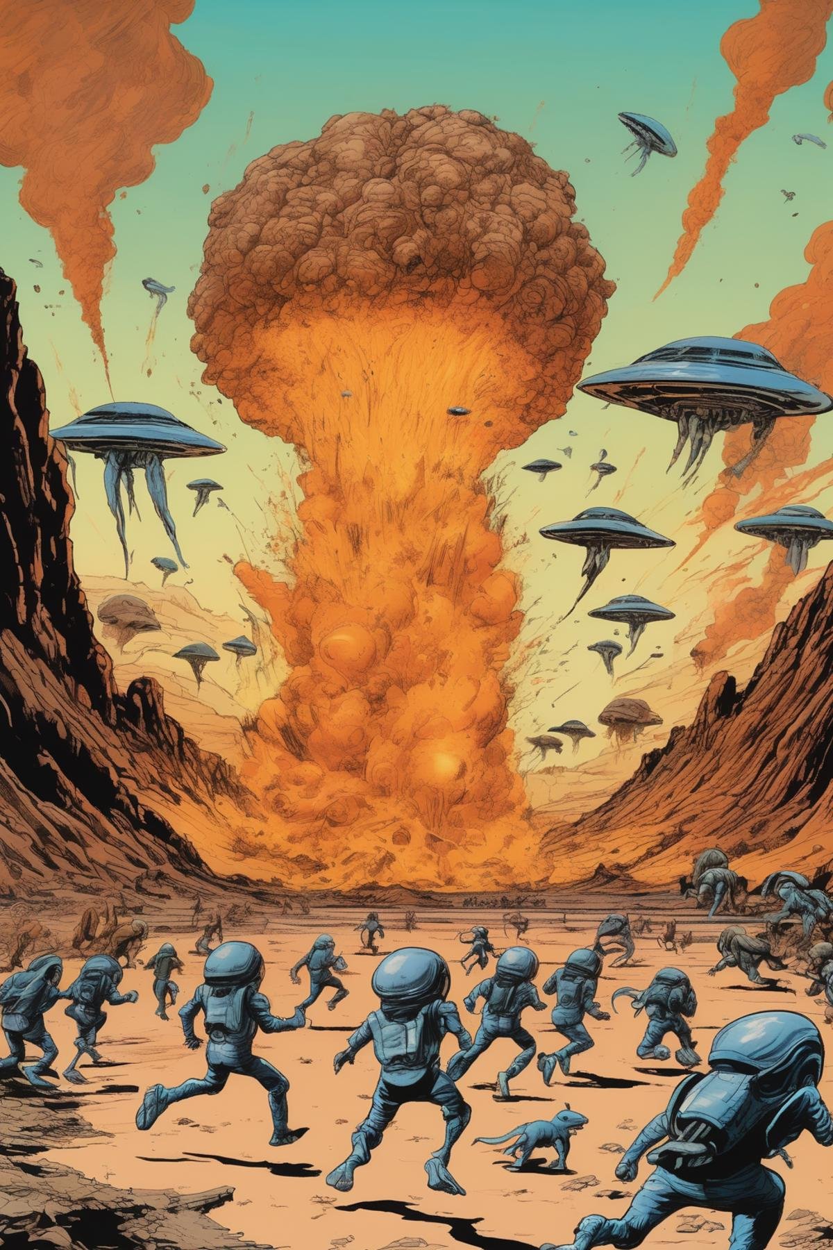 Josh Kirby Style - dozen unique scared animal-like aliens running and jumping around a big explosion in the center of an a...