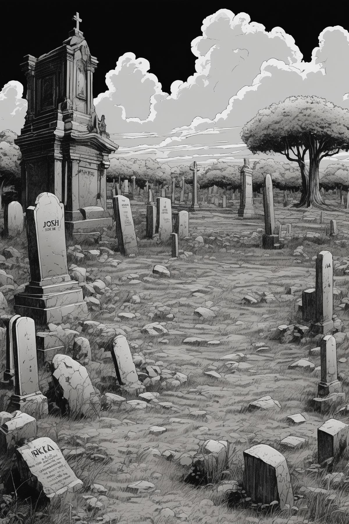 Josh Kirby Style - detailed comic book illustration of akira dirty gravestones landscape drawn in the style of rick and mo...