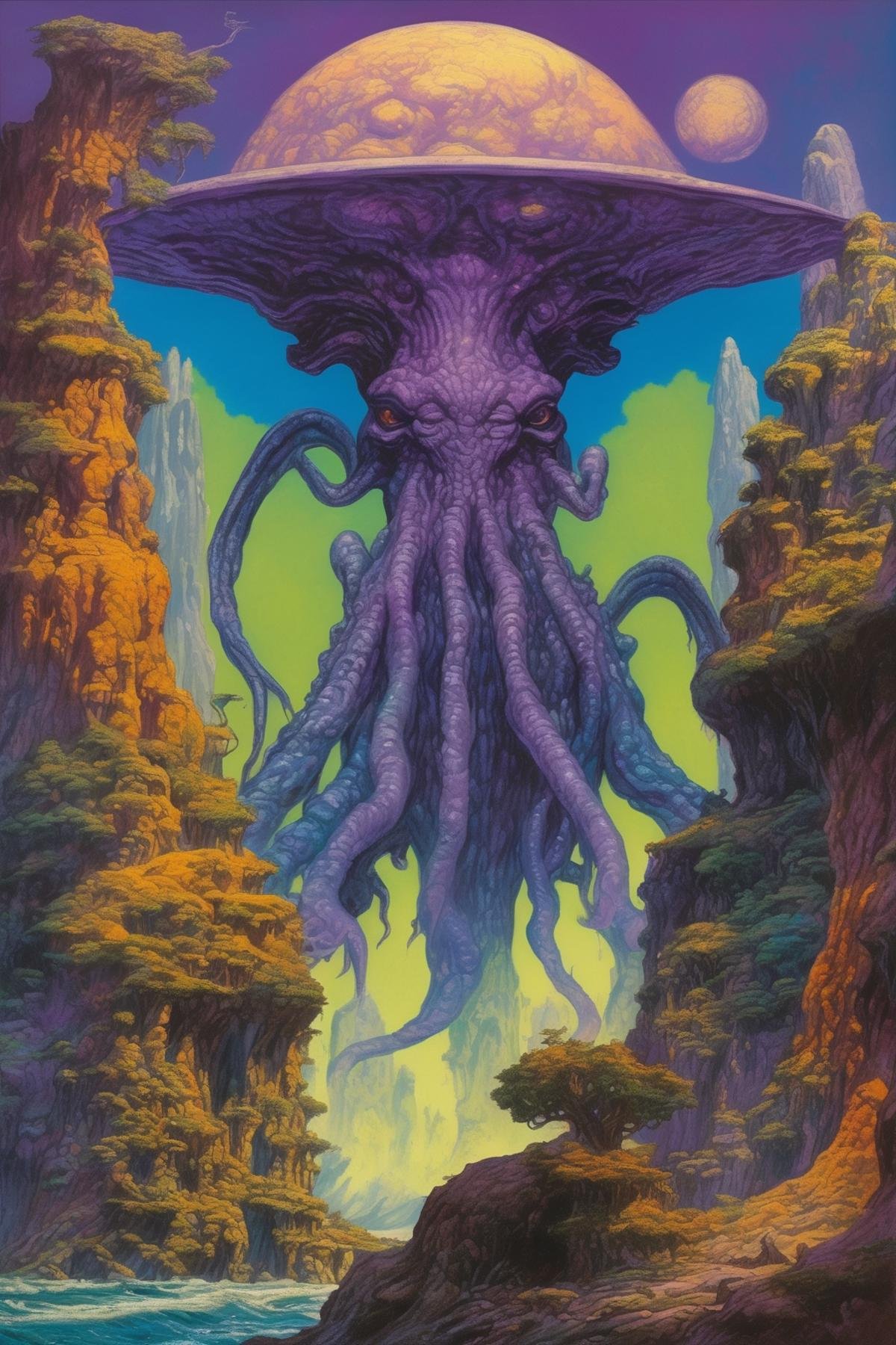 Josh Kirby Style - an alien world where Cthulhu and the Old Gods live in the style of Maxfield Parrish with vibrant colors...