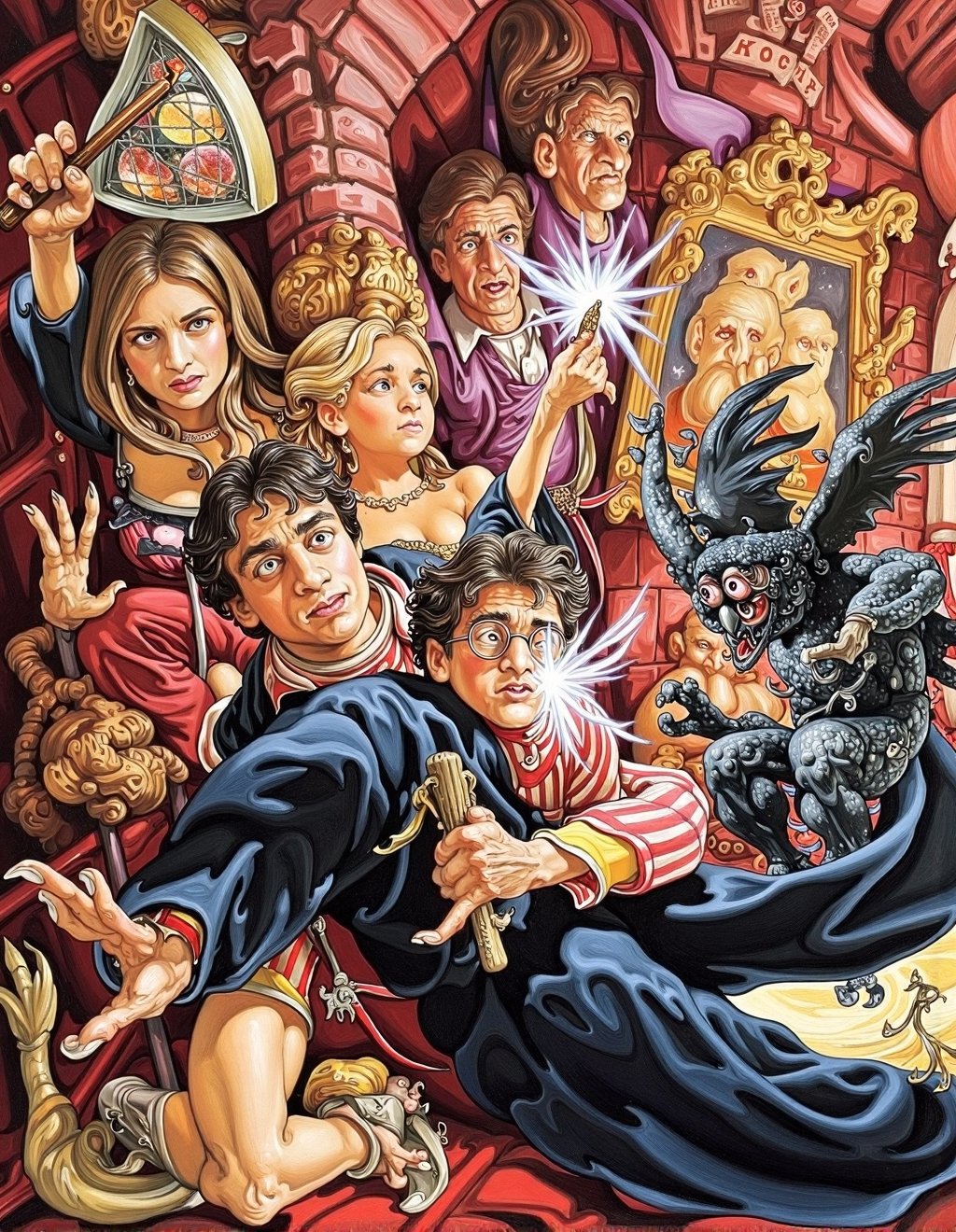 Josh Kirby Style,  Harry Potter and friends confront magical chaos in a hyperdetailed Hogwarts. Harry's scar pulses with i...