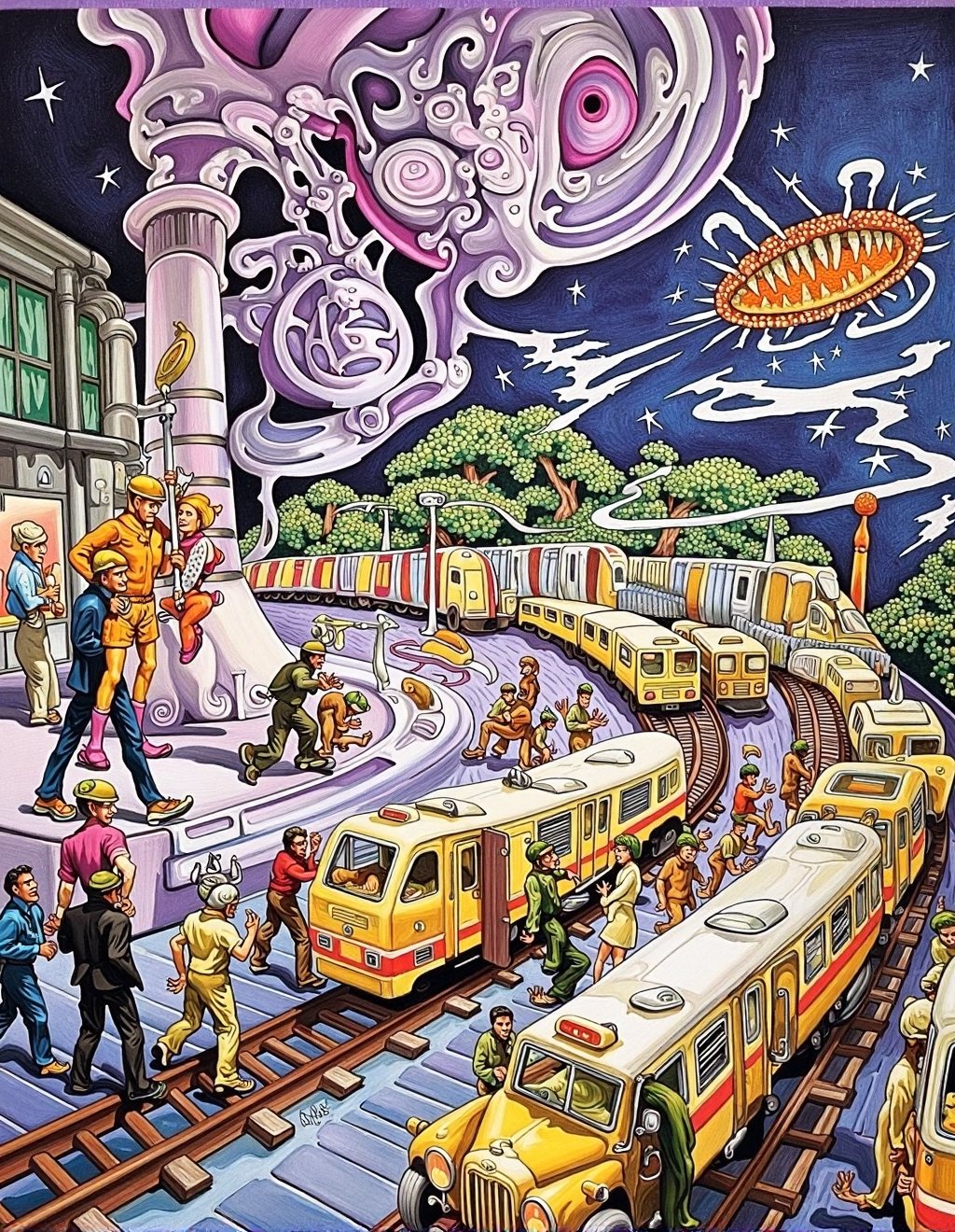 Josh Kirby Style,  An interdimensional transit hub where travelers from countless realities await connections to impossibl...